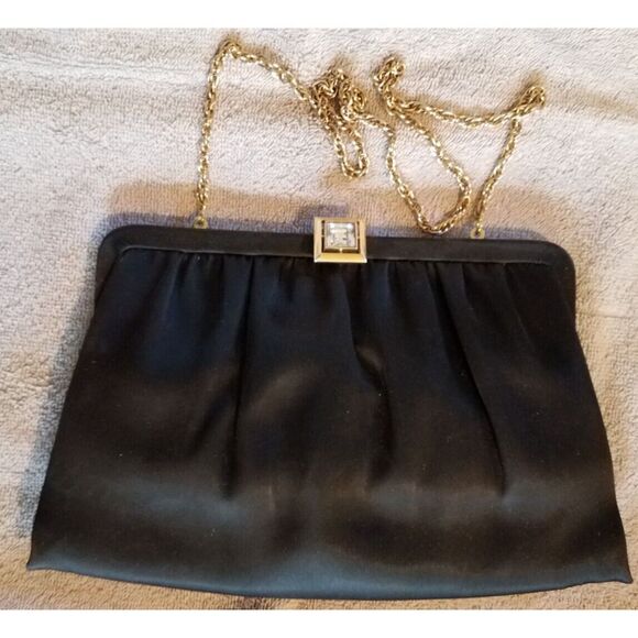 Vintage Handbags - Vintage Black Satin Clutch Purse With Jewel Closure Gold Chain‎